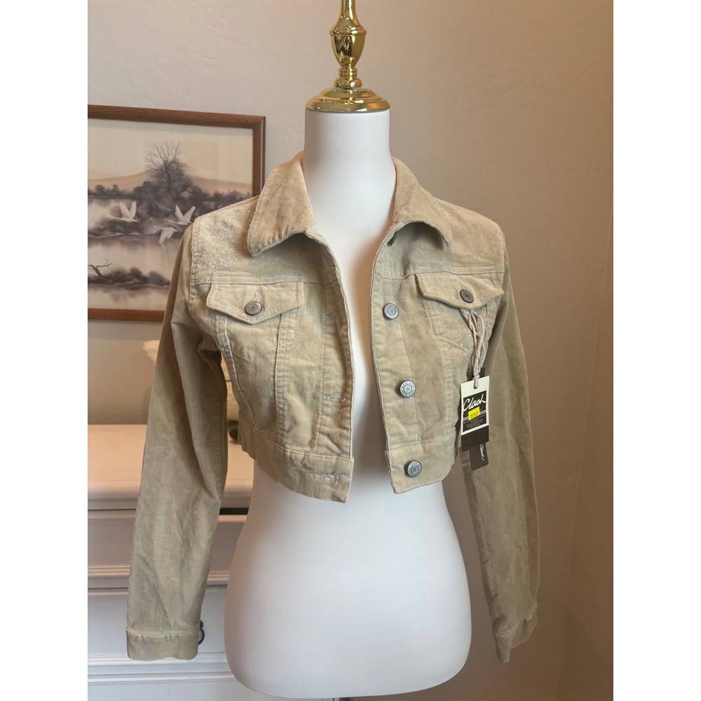 Cropped Corduroy Jacket Tan Beige Rhinestone Y2K Vintage Style Trucker XS NWT